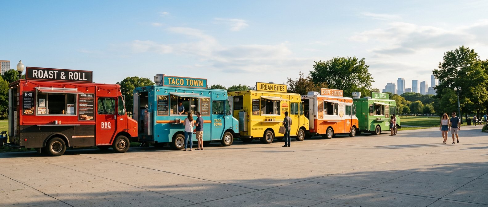 A row of colorful food trucks parked along a park plaza, with customers ordering at the windows